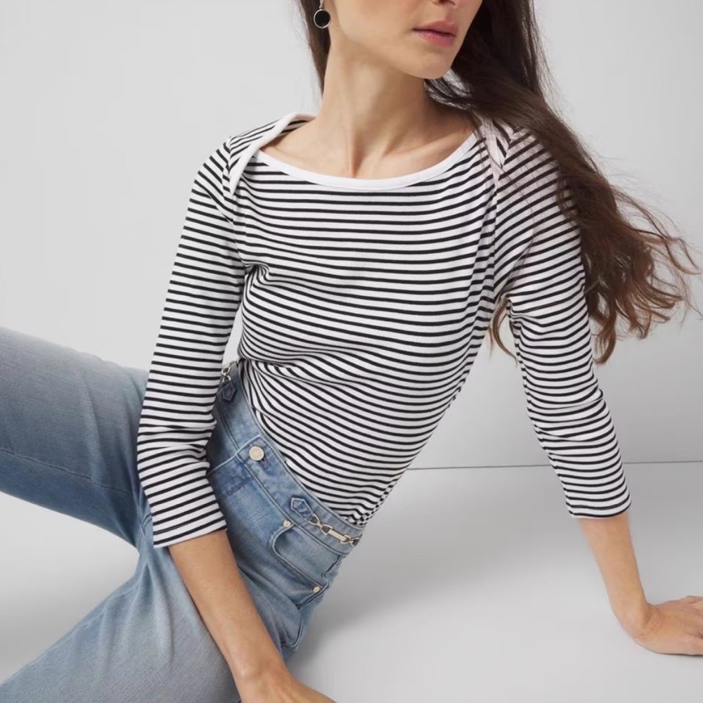 WHBM Forme Striped Ribbed Boatneck Top 3/4 Sleeve size L Classic Minimalist Chic